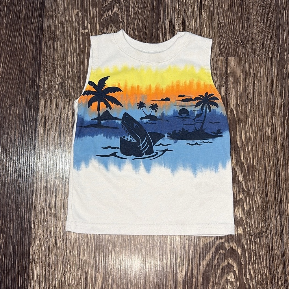12 month Kids Tropical Shark Print Tank Top - White and Blue and Orange shorts - Picture 2 of 10